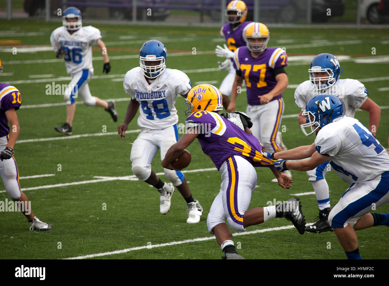 High school football player running the ball and about to go down with shirt tackle. Cretin-Derham Hall (purple) VS Woodbury. St Paul Minnesota MN USA Stock Photo