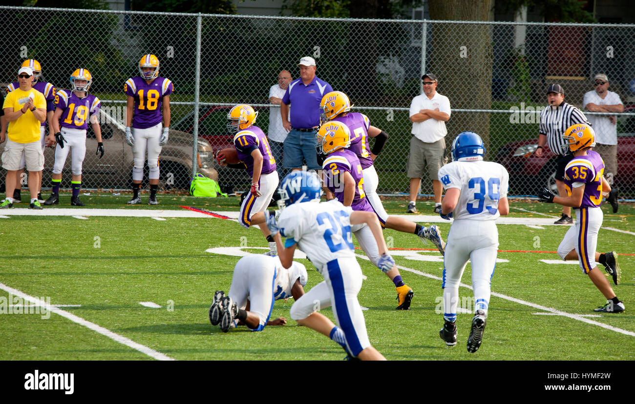 High school football player runs from opposition along the sidelines. Cretin-Derham Hall (purple) VS Woodbury. St Paul Minnesota MN USA Stock Photo