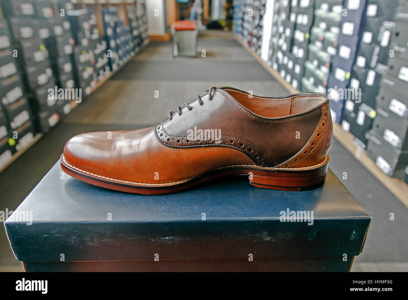 Mens dress shoe in a shoe store with stacks of boxes in the background. Stock Photo