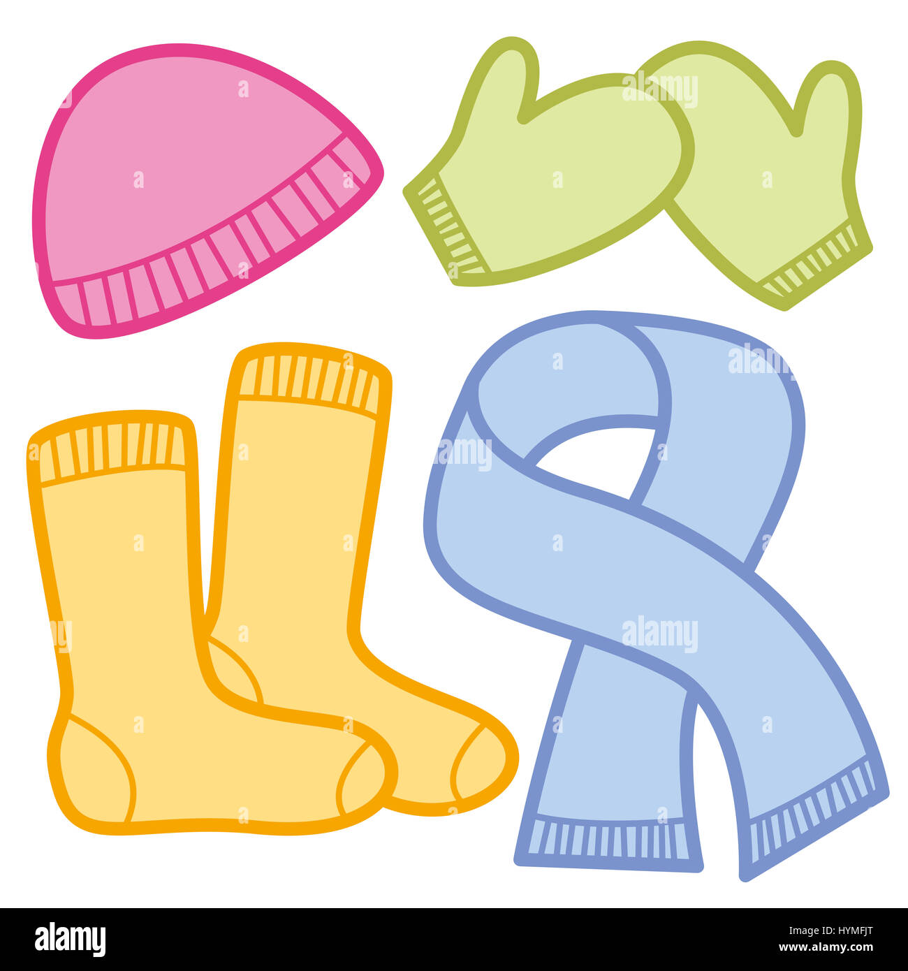 Winter clothing comic icons - colorful cloths for cold weather - pink woolen cap, green mittens, orange socks and blue scarf. Illustration. Stock Photo