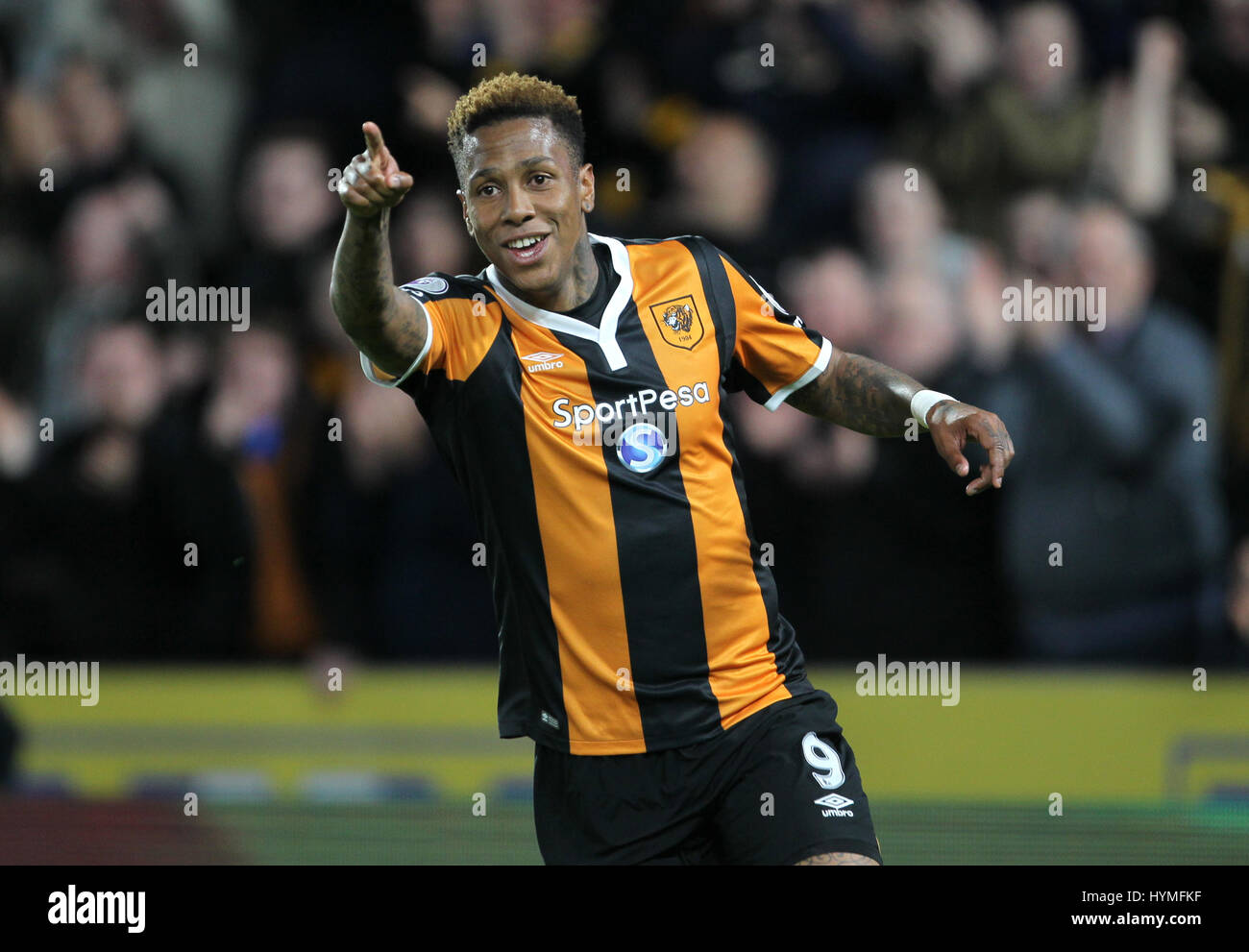 Hull City's Abel Hernandez celebrates scoring his side's third goal of the game during the Premier League match at the KCOM Stadium, Hull. Stock Photo