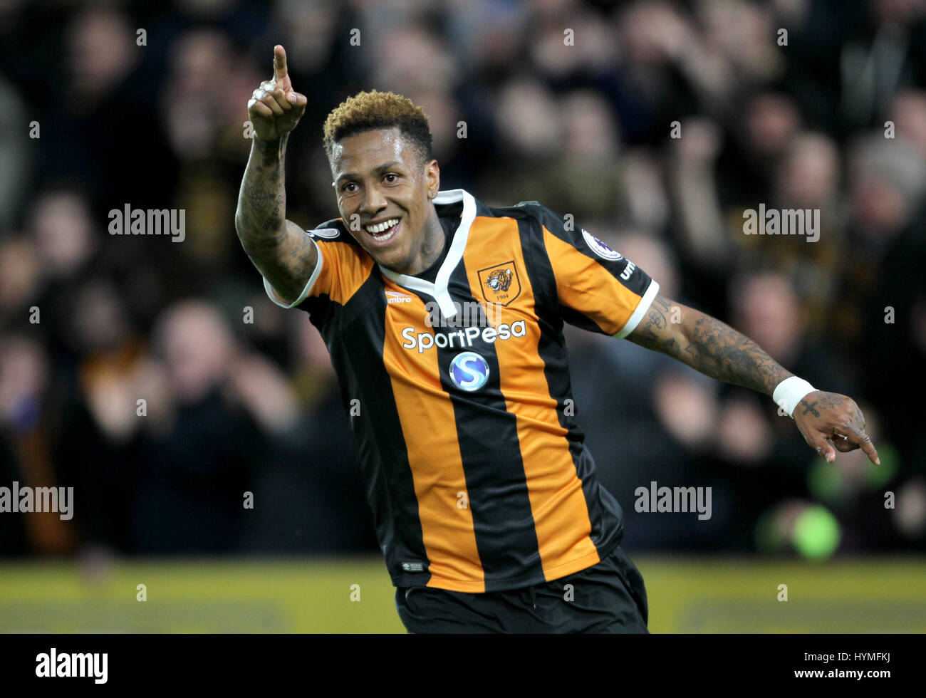 Hull City's Abel Hernandez celebrates scoring his side's third goal of the game during the Premier League match at the KCOM Stadium, Hull. Stock Photo