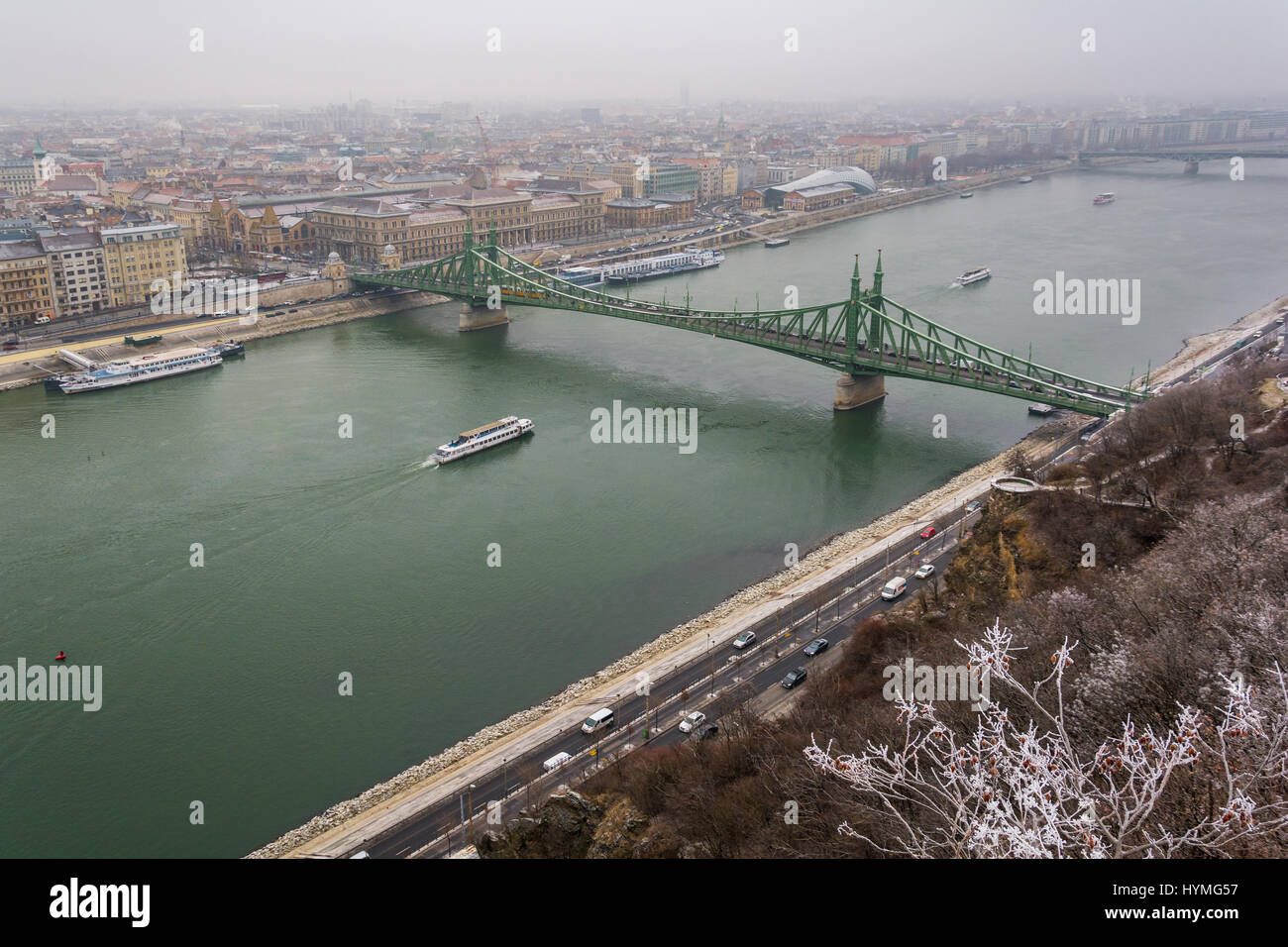 Scenic view of Liberty Bridge from Gellert Hill in a snowy winter day, Budapest Stock Photo