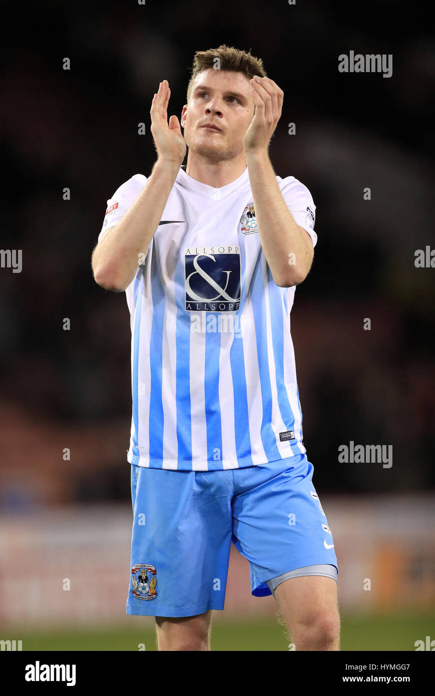 Coventry City's Chris Stokes thanks the fans after the final whistle