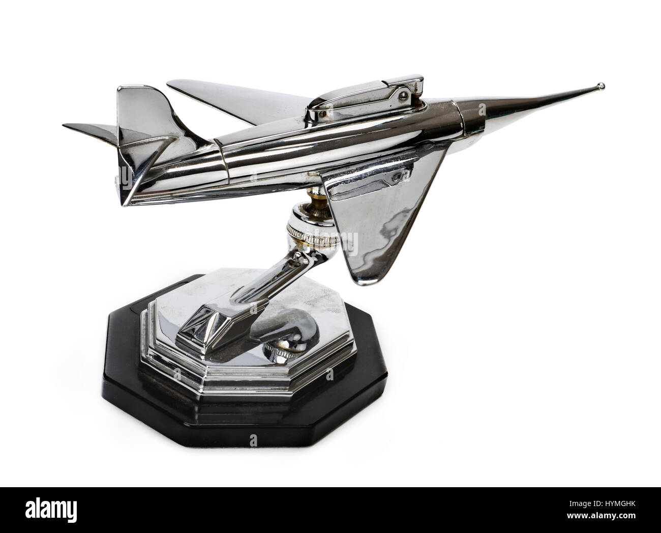 1950s chrome table lighter in the form of a jet fighter, presented to F/Lt Jackson from M.T. Section 16 M.U. Stafford on 25th June 1960 Stock Photo