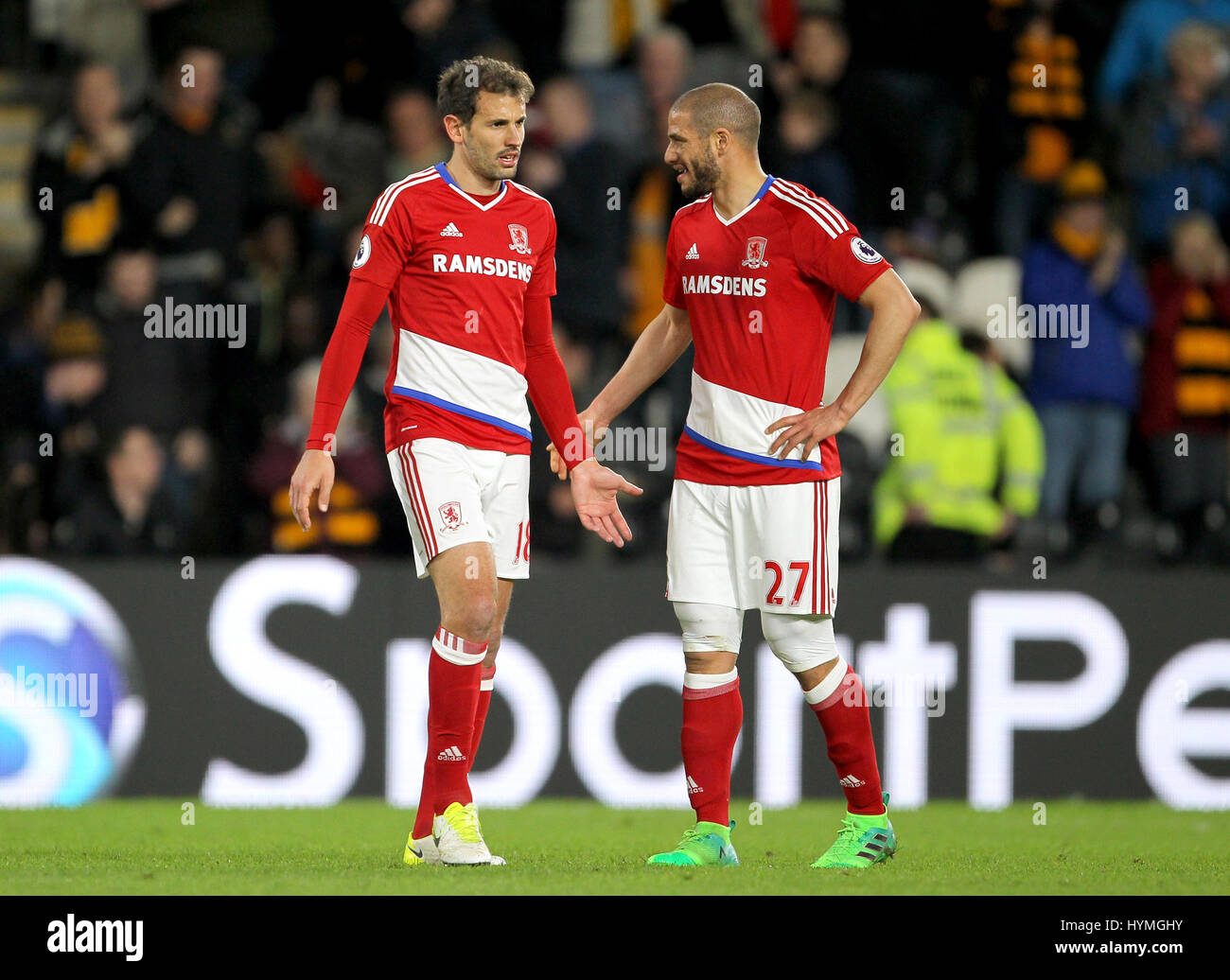 Middlesbrough's Cristhian Stuani (left) and Adlene Guedioura react after the Premier League match at the KCOM Stadium, Hull. Stock Photo