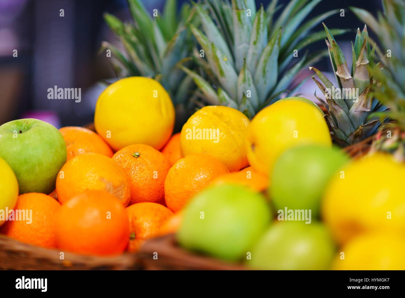 Fresh Tropical fruit basket in supermarket Stock Photo Alamy