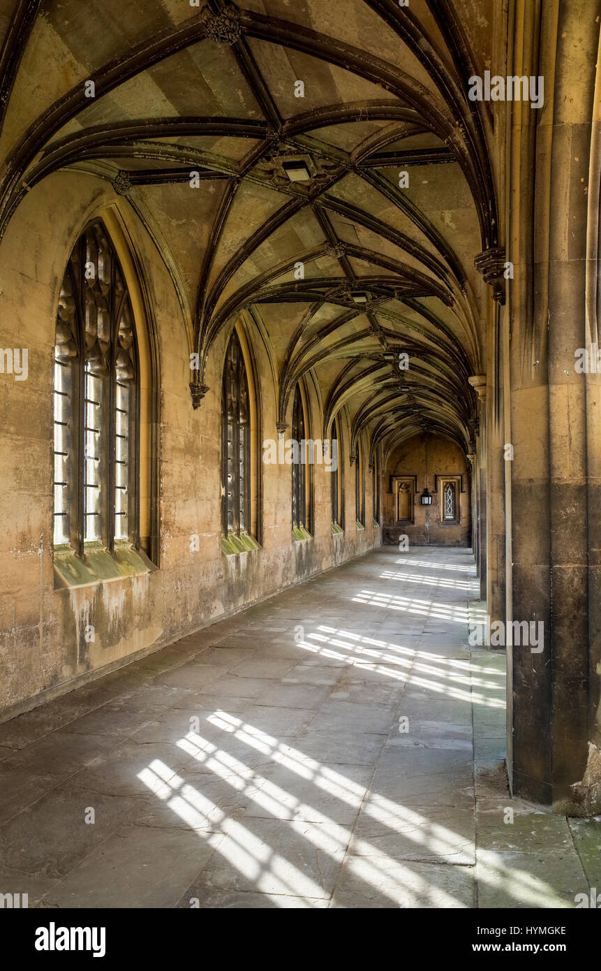 A cloistered walkway in St Johns College, part of the University of Cambridge Stock Photo