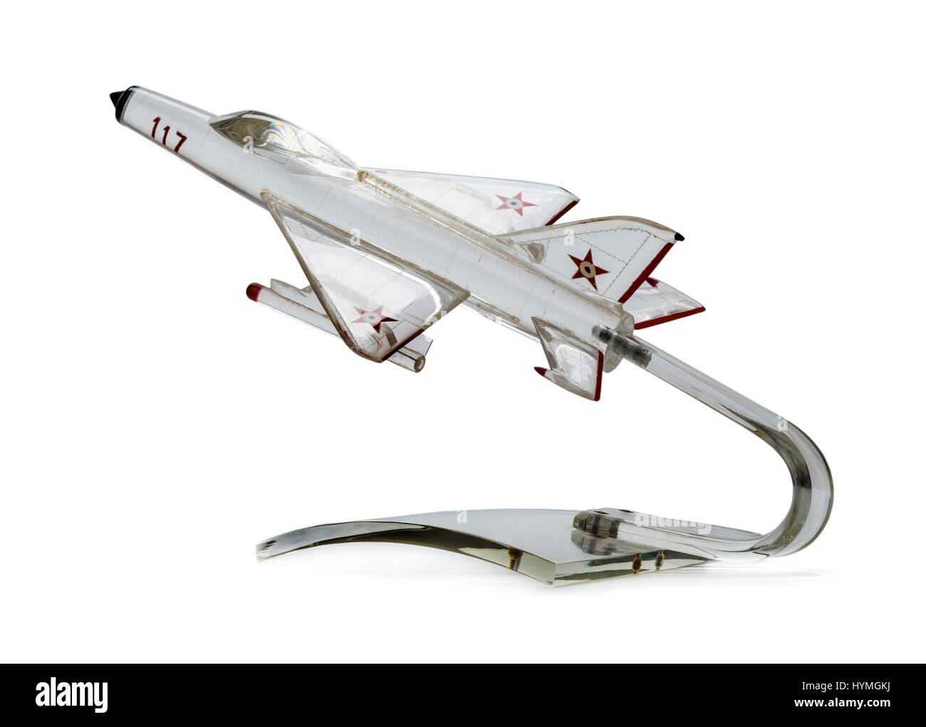 Vintage 1950s or 1960s perspex Russian Air Force desktop model of a MIG 21 fighter aircraft Stock Photo