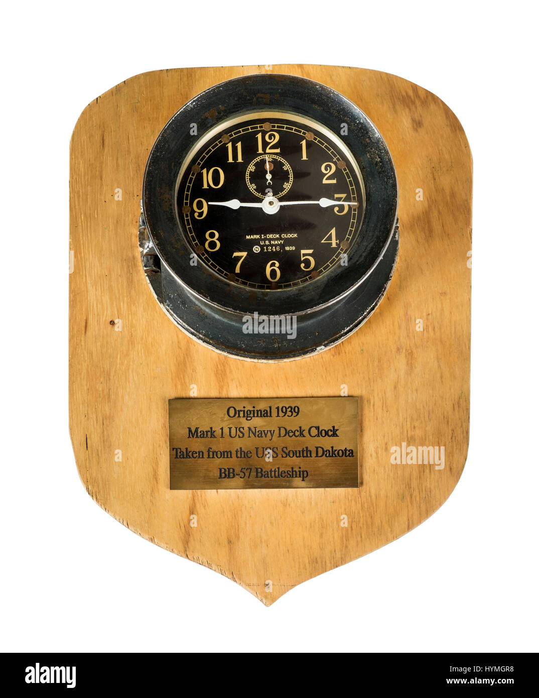 A WW2 Mark 1 US Navy Deck Clock by Seth Thomas, dated 1939, with engraved plaque stating it was taken from the USS South Dakota BB-57 Battleship Stock Photo