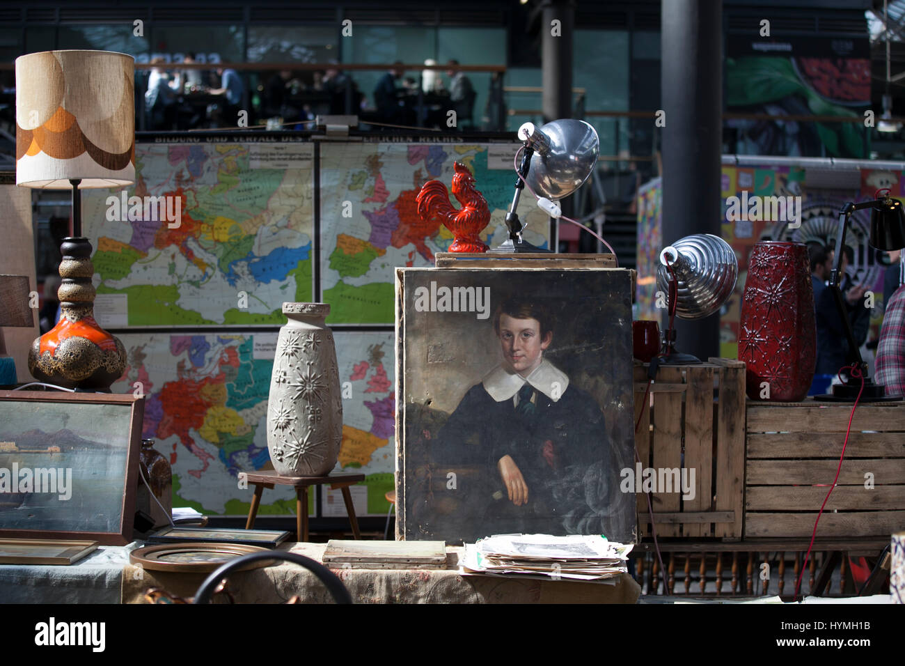 LONDON, ENGLAND - March 30, 2017 Vase, picture and box and other things on the Spitalfields market near Liverpool Street subway. Stock Photo