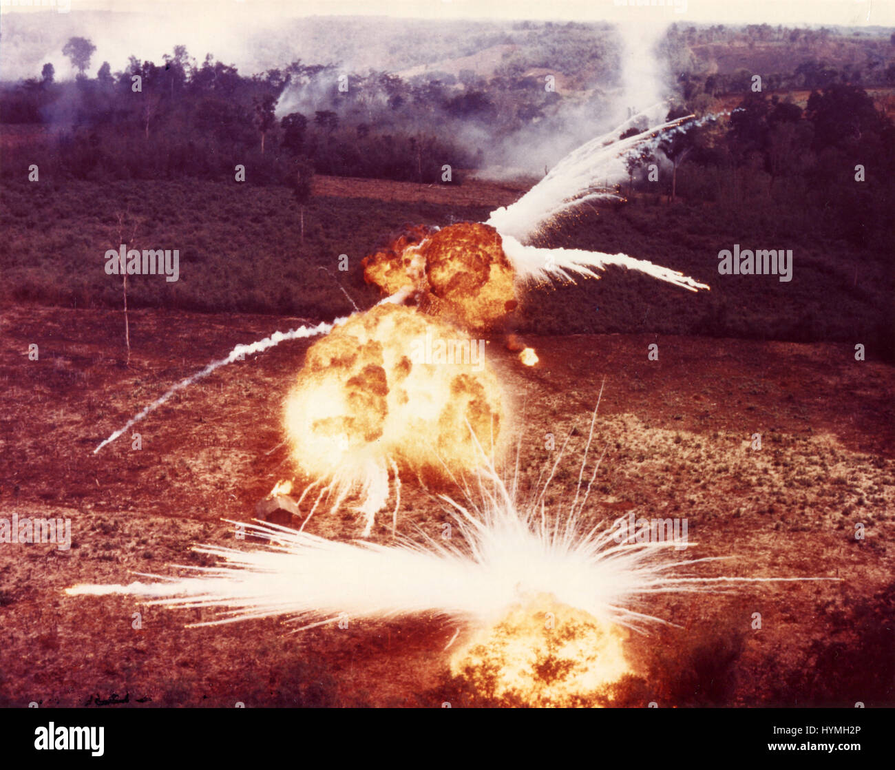 Napalm bombs explode on Viet Cong targets. South Vietnam, 1966. Stock Photo