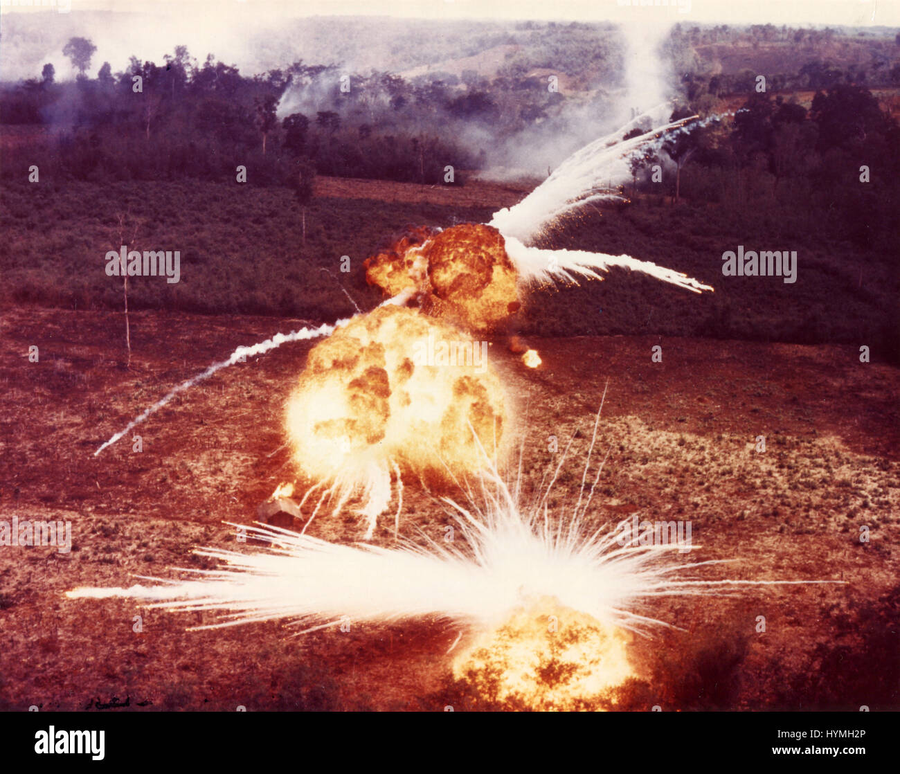Napalm bombs explode on Viet Cong targets. South Vietnam, 1966 Stock