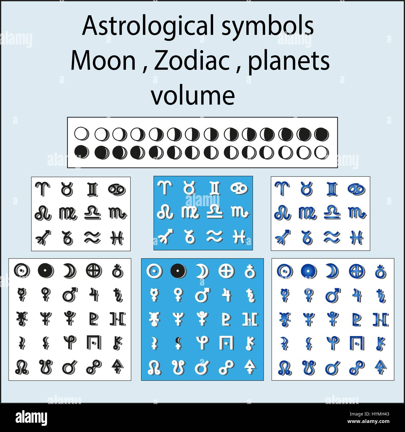 Volume astrological symbols of the moon, the planets, the zodiac Stock Vector