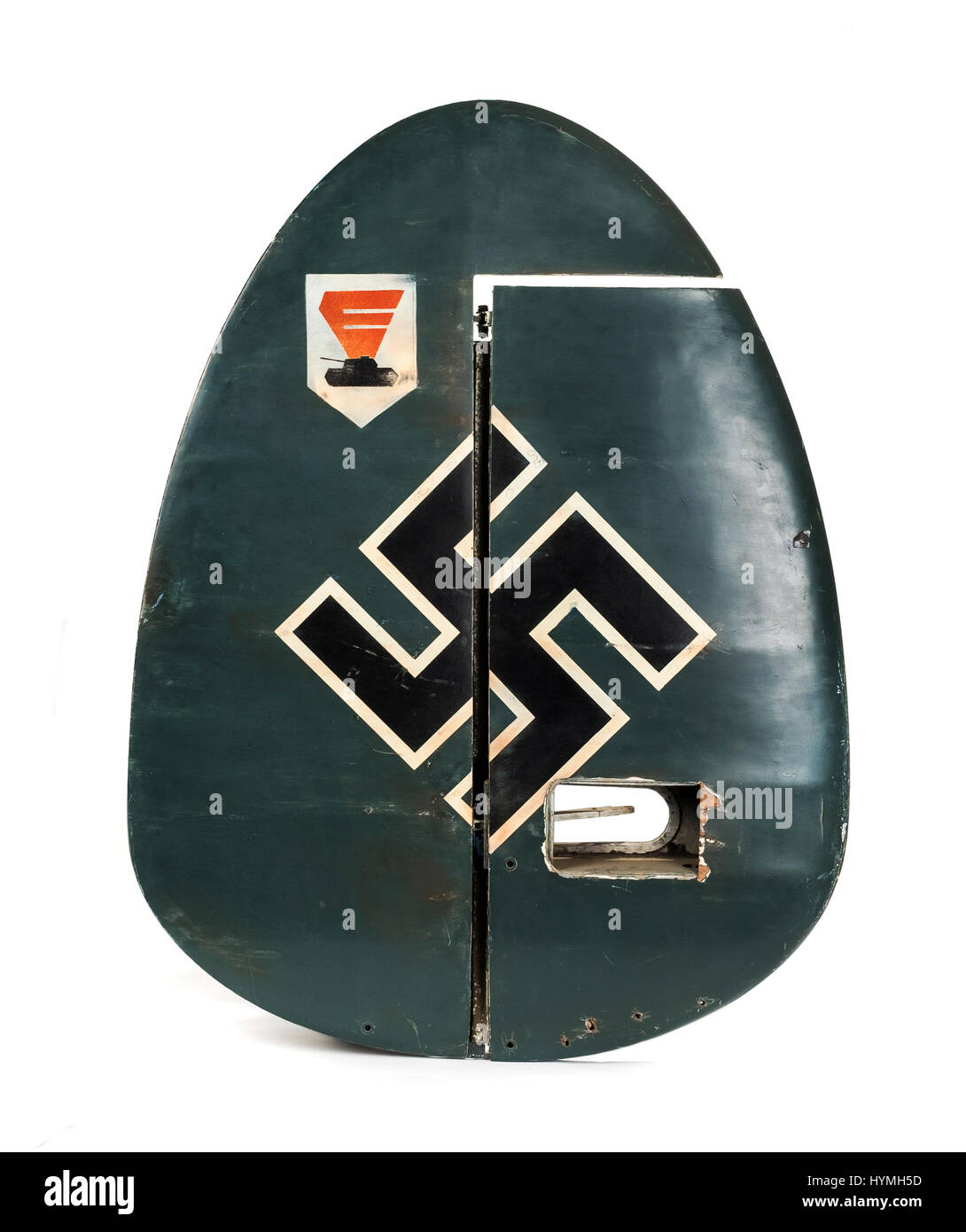 An authentic WW2 German Luftwaffe aircraft tail fin with Swastika insignia and tank crest Stock Photo
