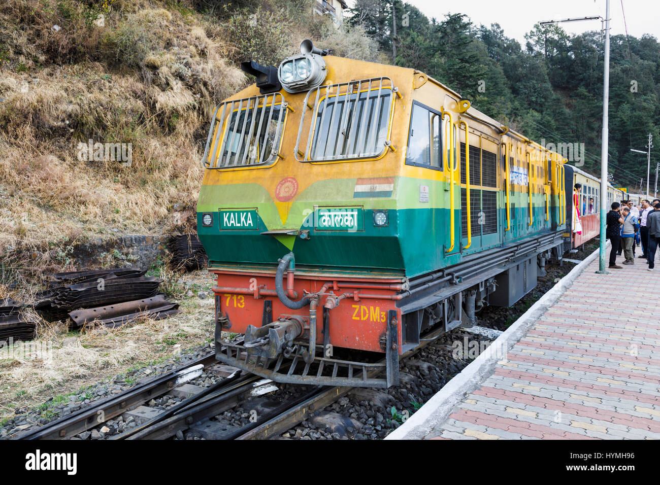 Train engine at Shimla railway station, Shimla, the destination end point of the Toy Train Kalka–Shimla Railway, northern India Stock Photo