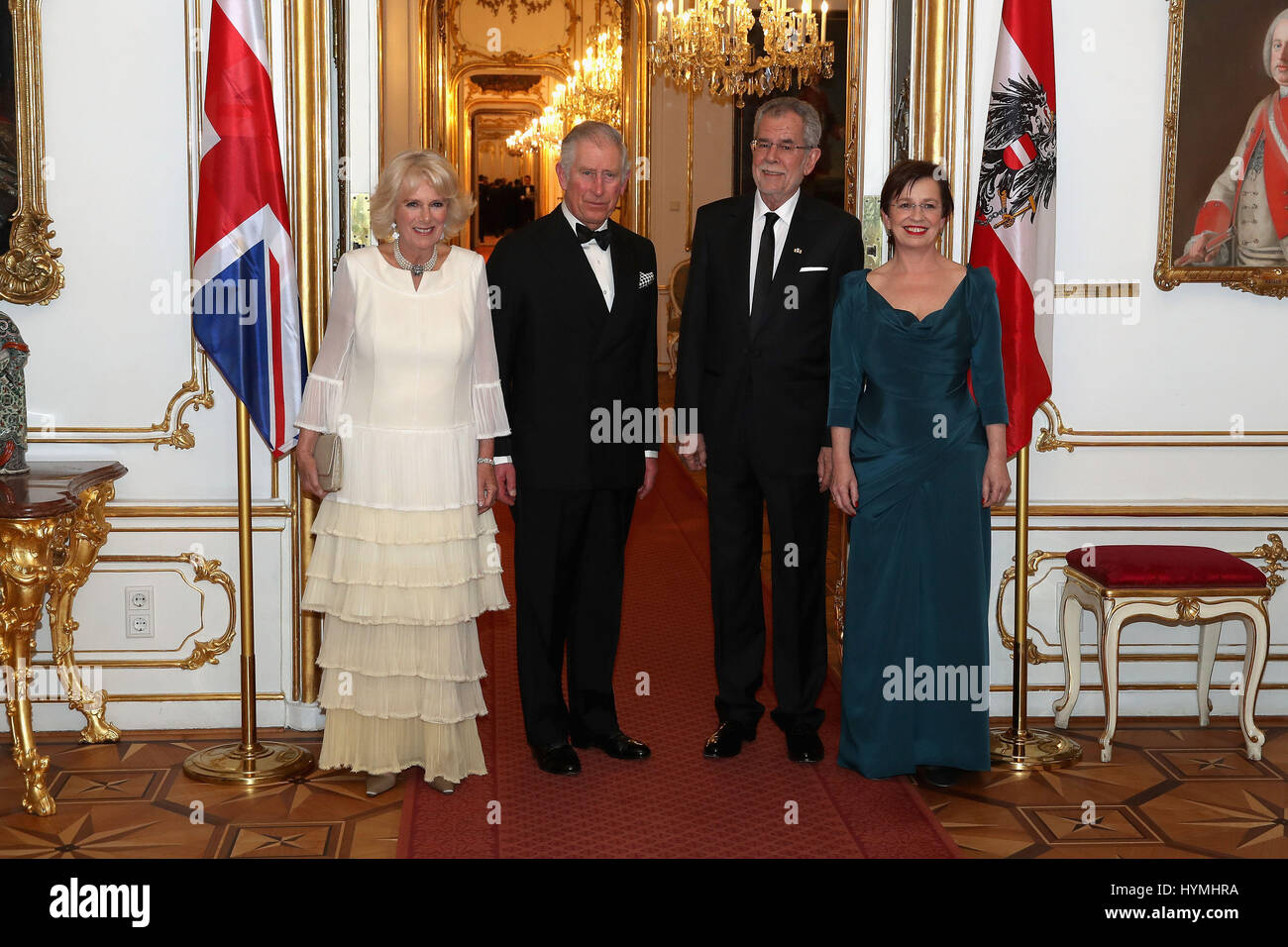 The Prince of Wales and the Duchess of Cornwall (left) are greeted by Federal President of the Republic of Austria Alexander Van der Bellen and First Lady Doris Schmidauer as they arrive at Hofburg Palace in Austria. Stock Photo