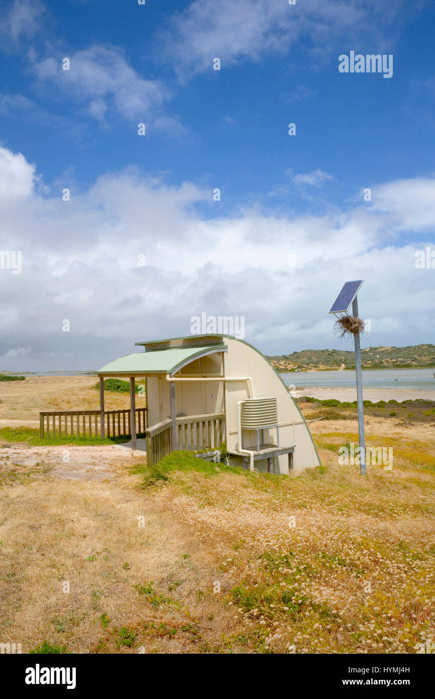 Solar powered dry composting bush toilet in South Australia. Birds nest