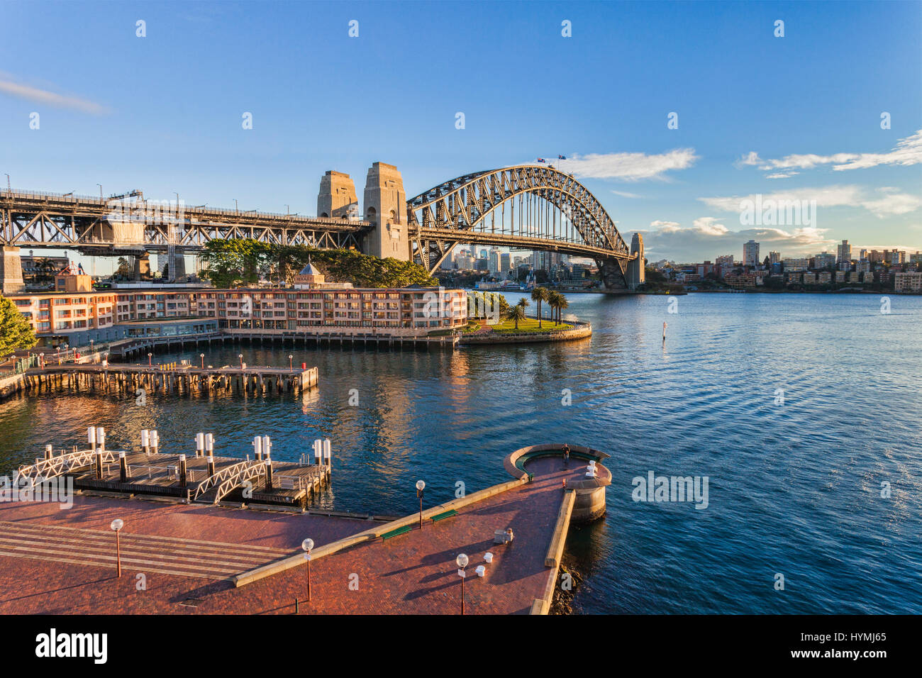 Sydney Harbour Bridge and the Park Hyatt Hotel, considered to be Sydney's best hotel, just after sunrise, Stock Photo