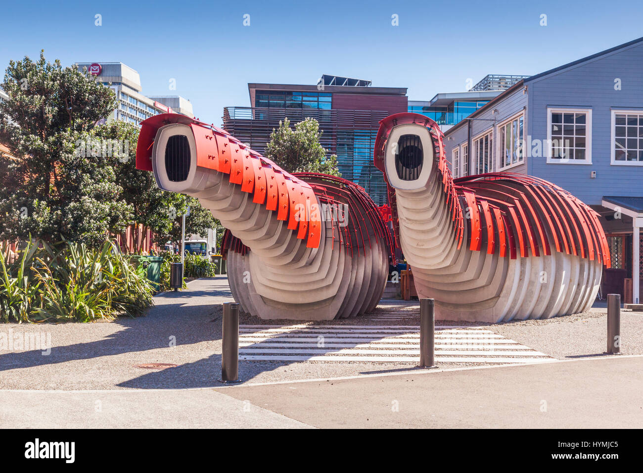 Lobster Toilets in the Kumutoto public space on Queen's Wharf, Wellington Waterfront. Public toilets are situated in the back of these structures. Stock Photo