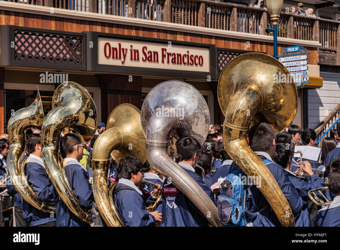 San Gabriel High School Brass Band, playing at Pier 39, San Francisco. Stock Photo