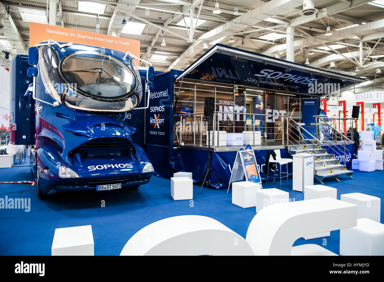 Sophos Next-gen ceber security company stand interior on exhibition Cebit 2017 in Hannover Messe, Germany Stock Photo