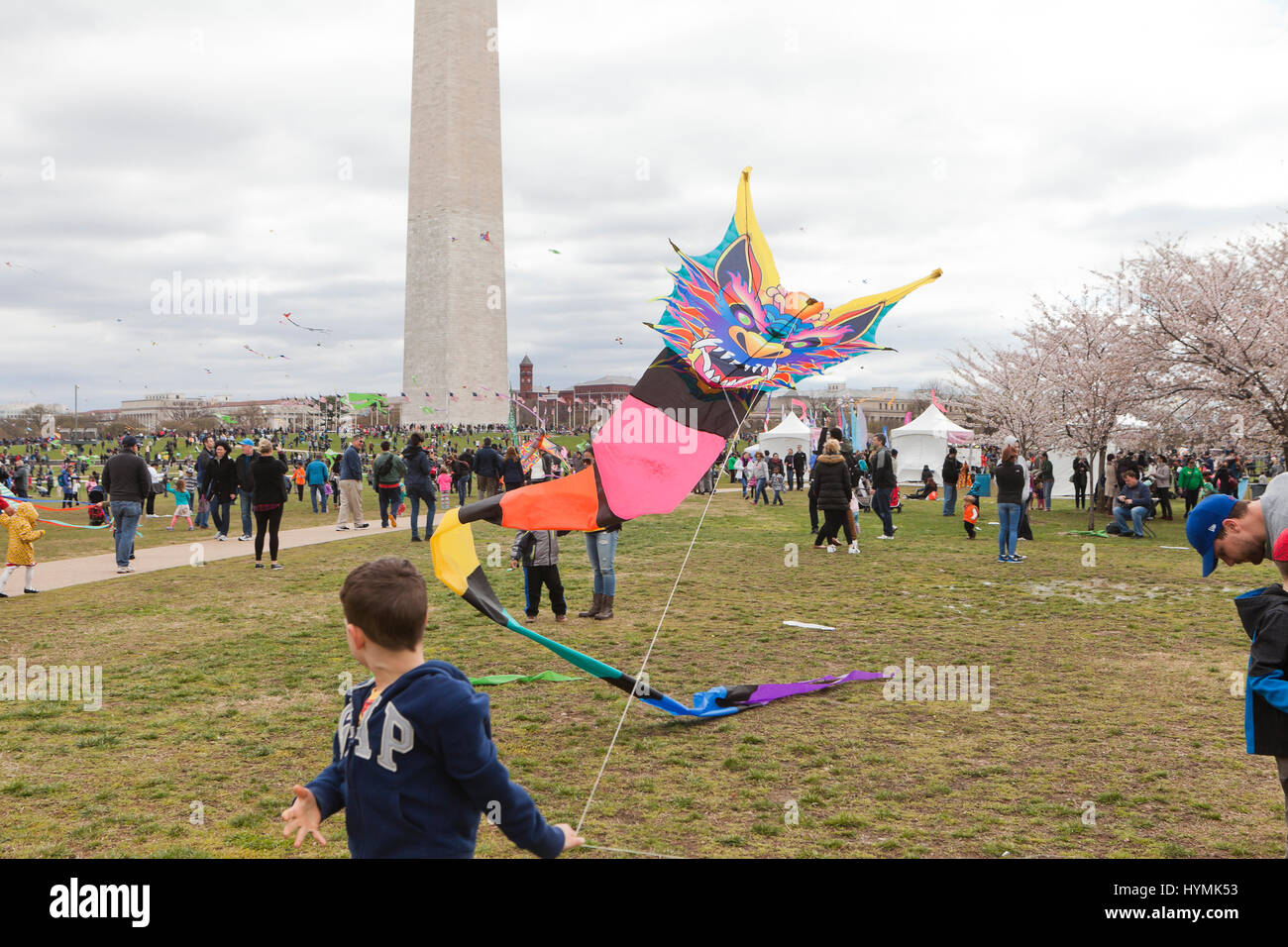 People flying kites on the National Mall during 2017 National Kite festival Washington, DC USA