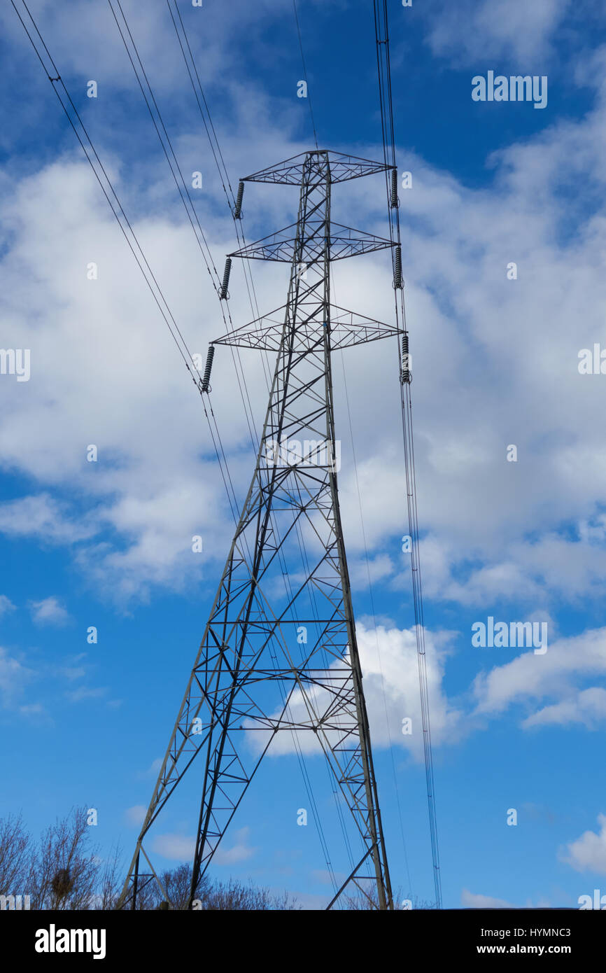 Pylon and power lines against the sky UK Stock Photo - Alamy