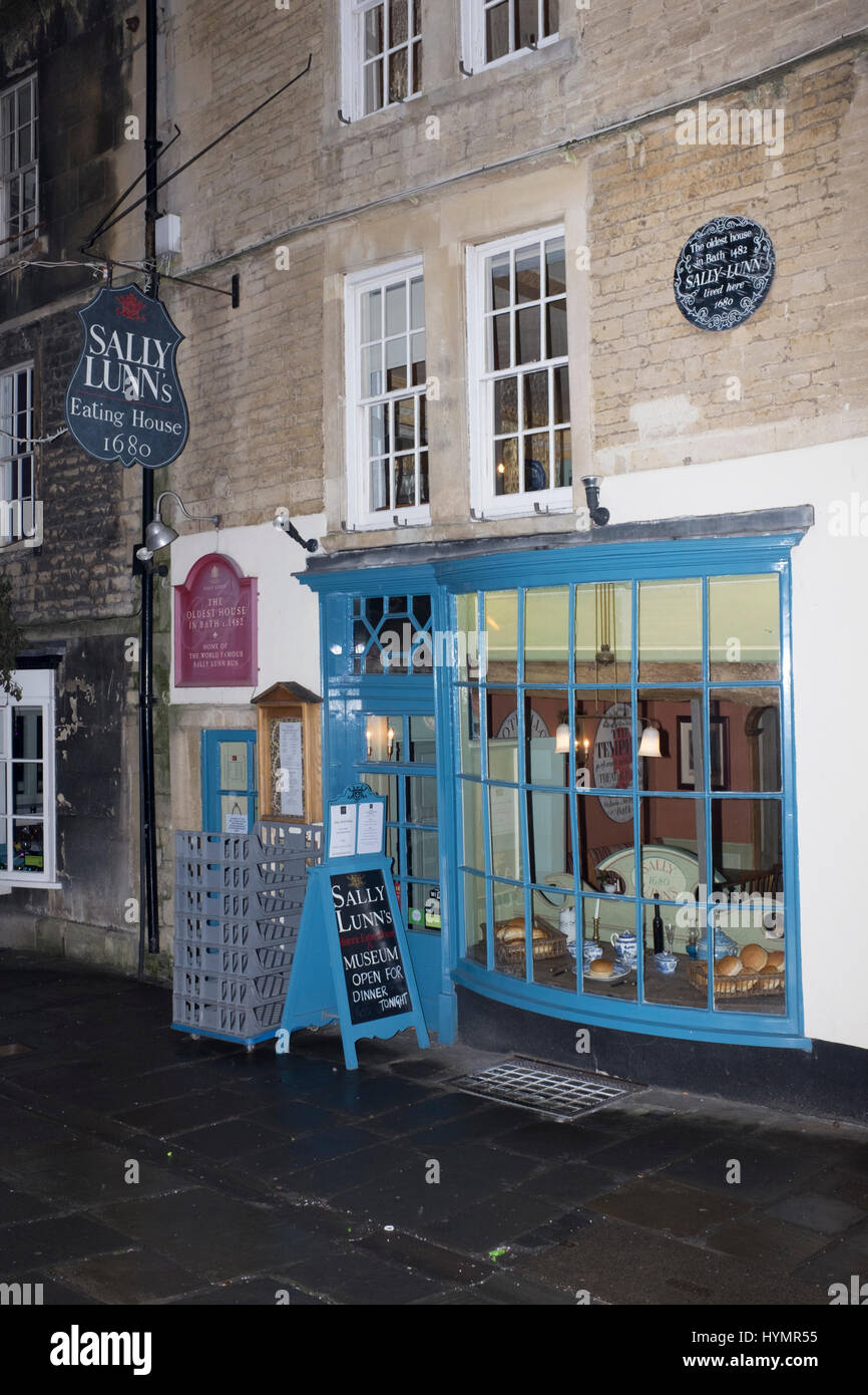 The entrance and windows of Sally Lunn's Eating House in Bath, southern England Stock Photo