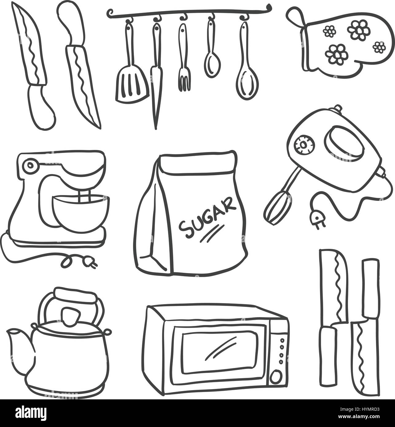 Kitchen utensils set of icons and objects. Hand drawn doodle cooking  supplies design concept. Black and white outline coloring page game.  Monochrome line art. Vector illustration. Stock Vector