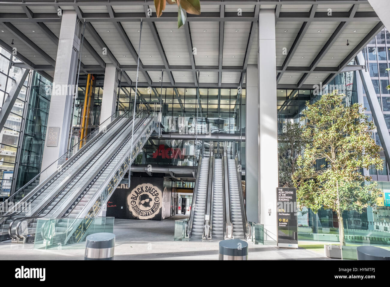 The plaza (at 122, Leadenhall Street) of the Leadenhall Building (nicknamed tthe cheesegrater), an office skyscraper in the City of London, England. Stock Photo