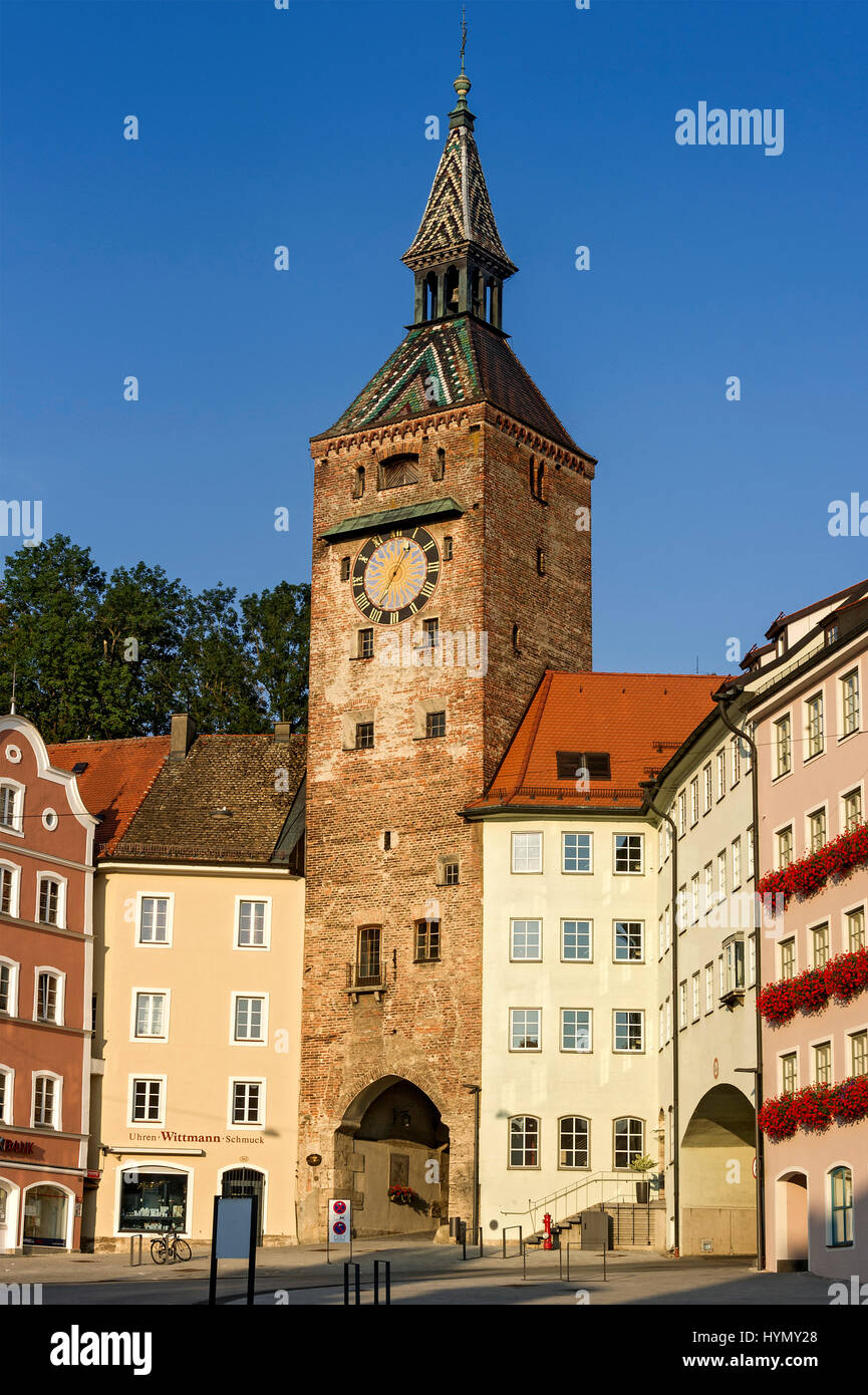 Medieval town gate, Schmalzturm or beautiful tower, main square, Landsberg am Lech, Upper Bavaria, Bavaria, Germany Stock Photo