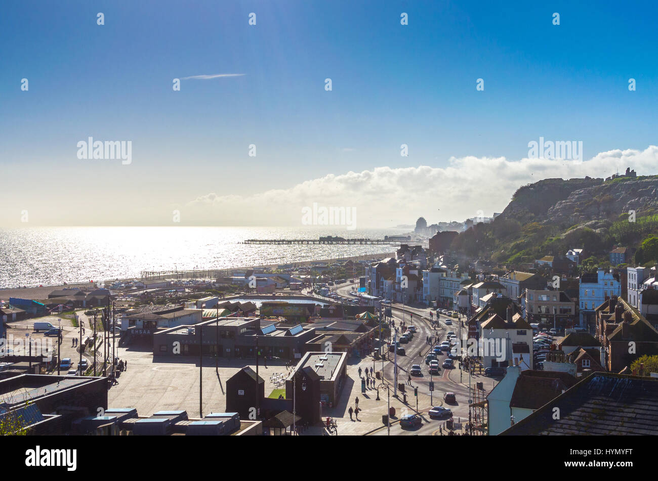 Seaside town of Hastings on a busy weekend in early spring Stock Photo