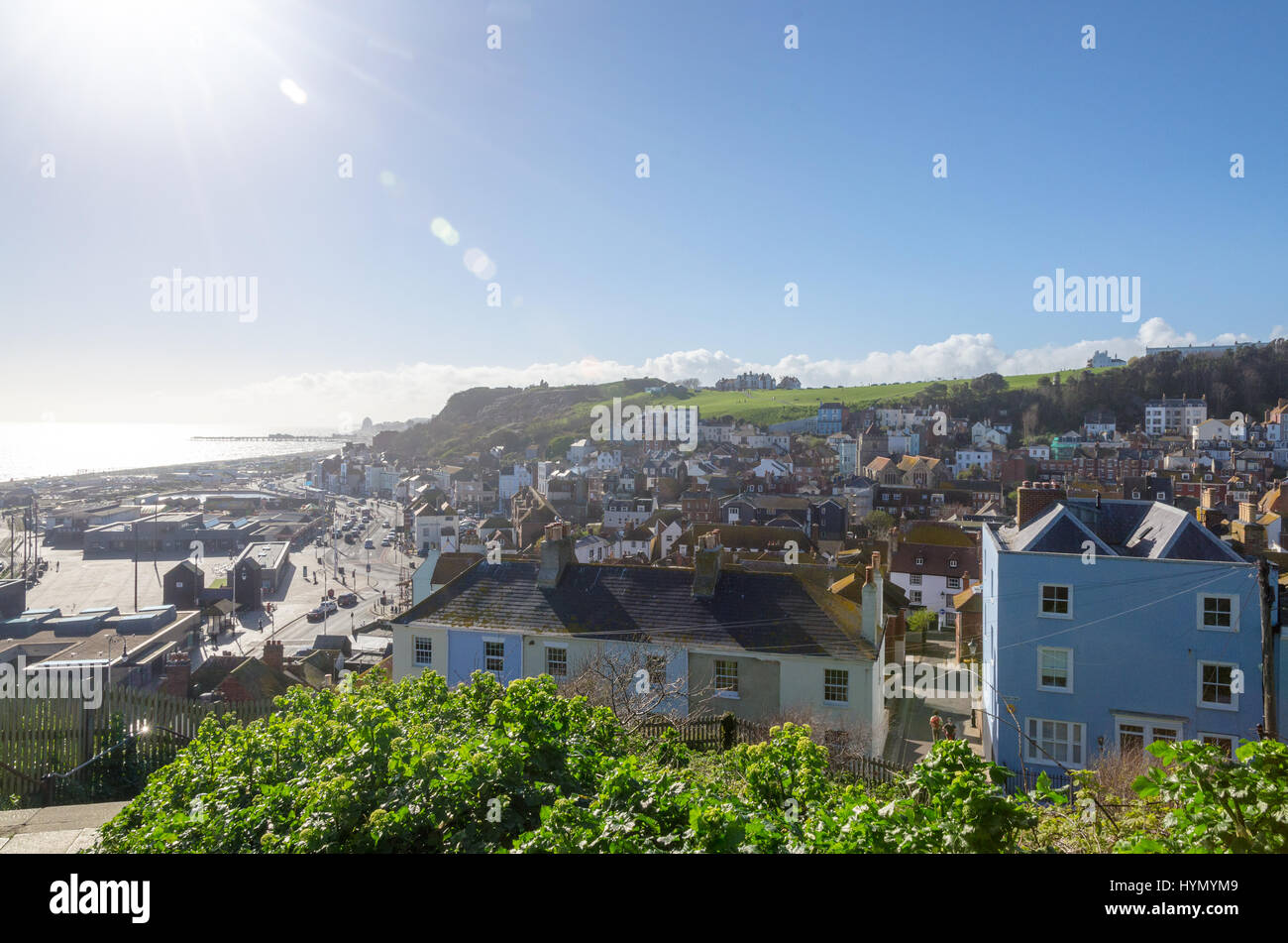 Sun shining on the town of Hastings in East Sussex Stock Photo