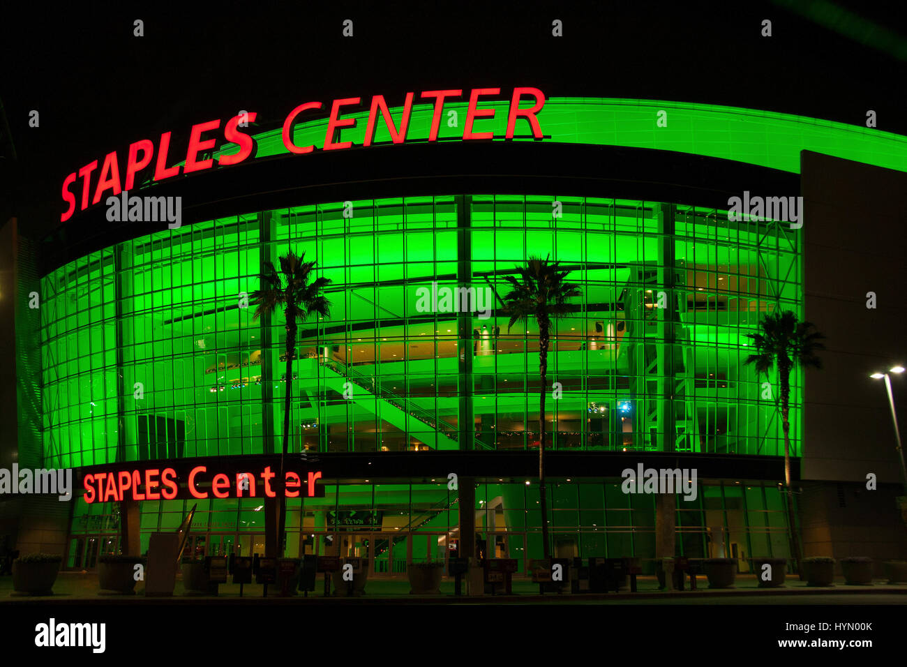 Staples Center at night in glowing green lighting Stock Photo Alamy