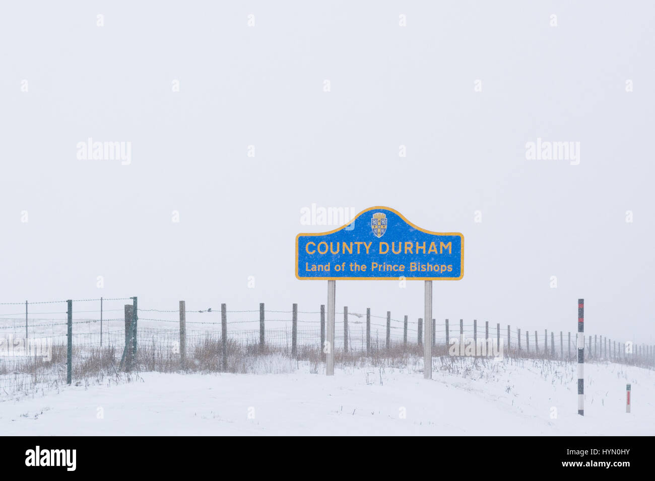 County Durham Land of the Prince Bishops sign on A66 road heading eastwards, England, UK Stock Photo