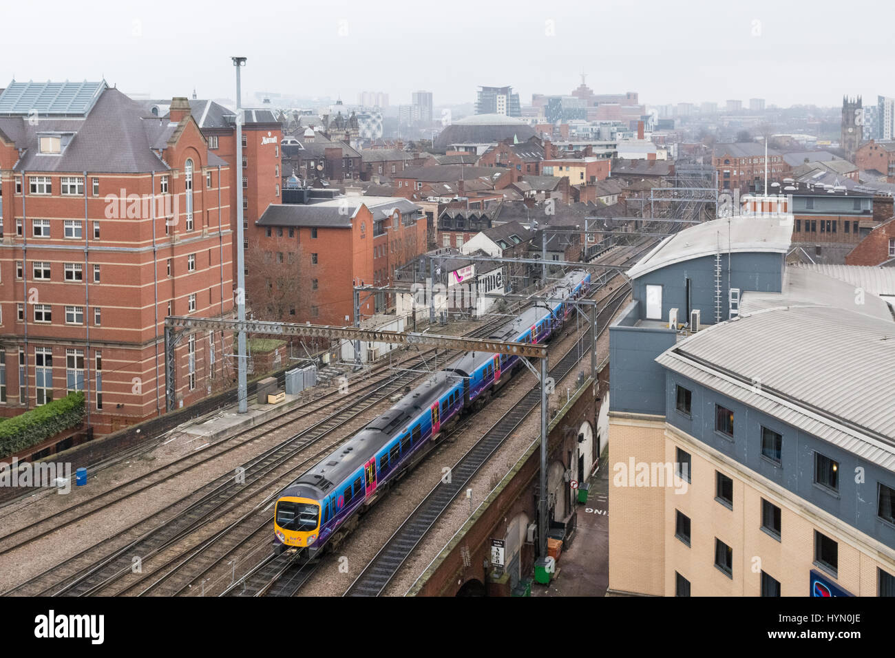 train - Trans Pennine Express train approaching Leeds Station, West Yorkshire, England, from the east Stock Photo