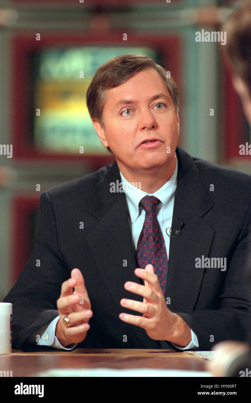 U.S. Rep. Lindsey Graham of South Carolina, a member of the House Impeachment Managers, discusses the upcoming Senate trial of President Clinton during NBC's Meet the Press January 10, 1999 in Washington, DC. Stock Photo