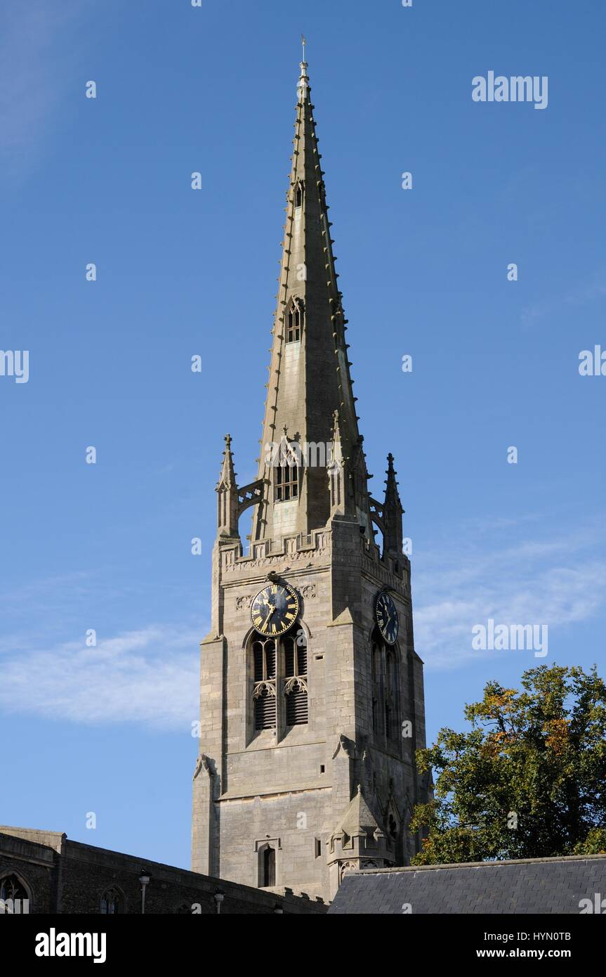 St Mary's Church, Whittlesey, Cambridgeshire, famous for its glorious and lofty spire rising 173 feet from ground level Stock Photo