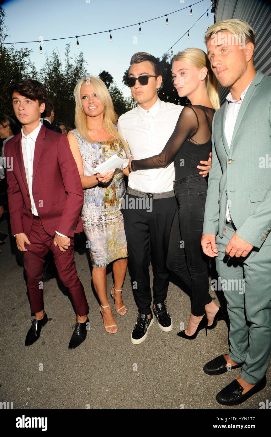 (L-R) Dylan Lee, Pamela Anderson, Brandon Lee, Raina Lawson and guest