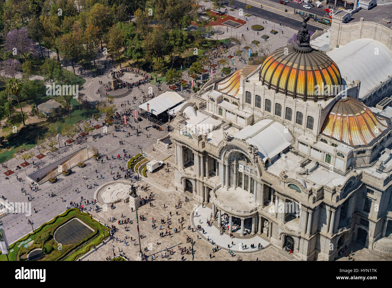 Aerial view of the Palace of Fine Arts with Central Alameda Park of Mexico City Stock Photo