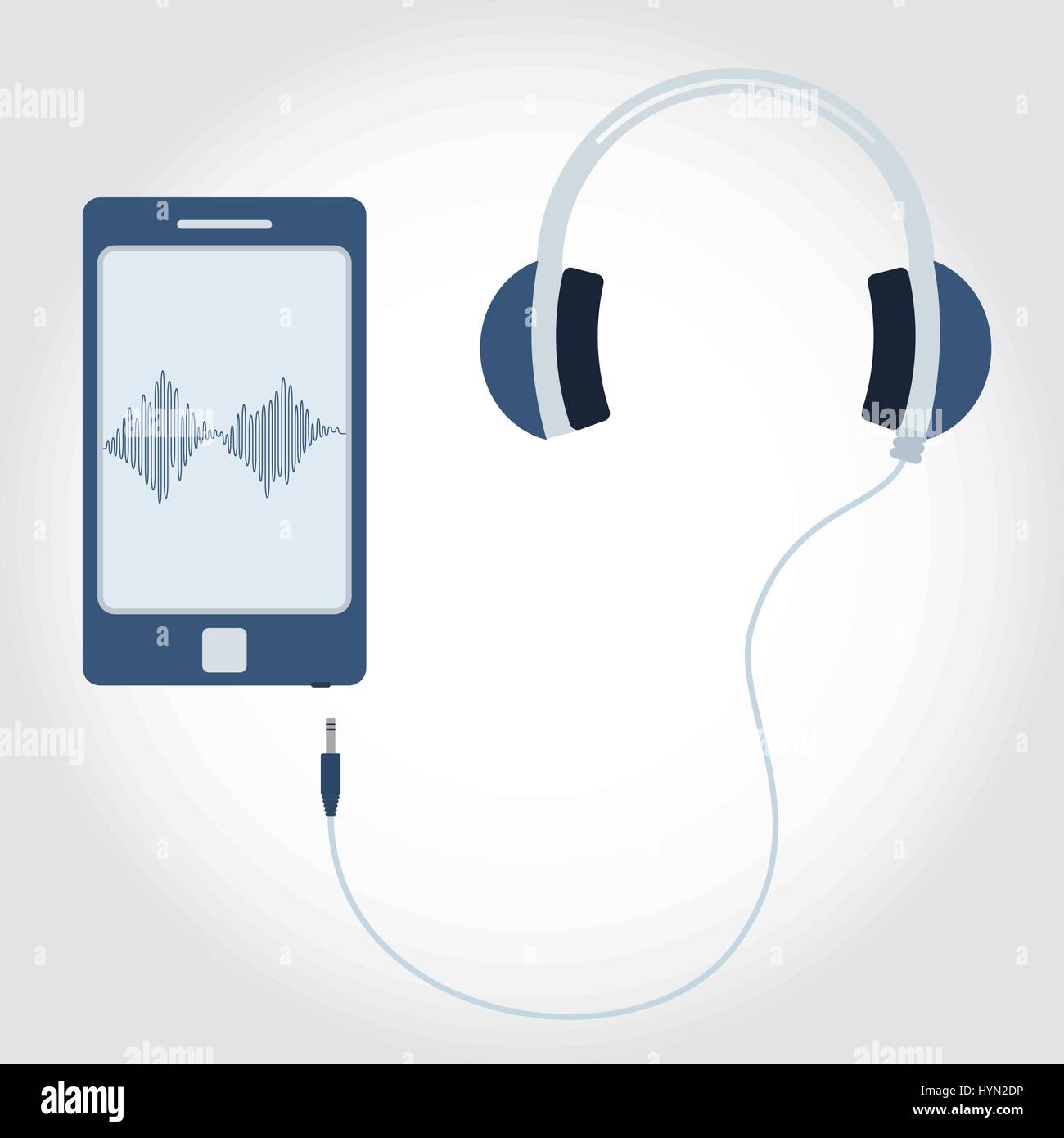 Phone and cable with plug and headphone. Sound wave symbol showing on monitor. Flat design. Stock Vector
