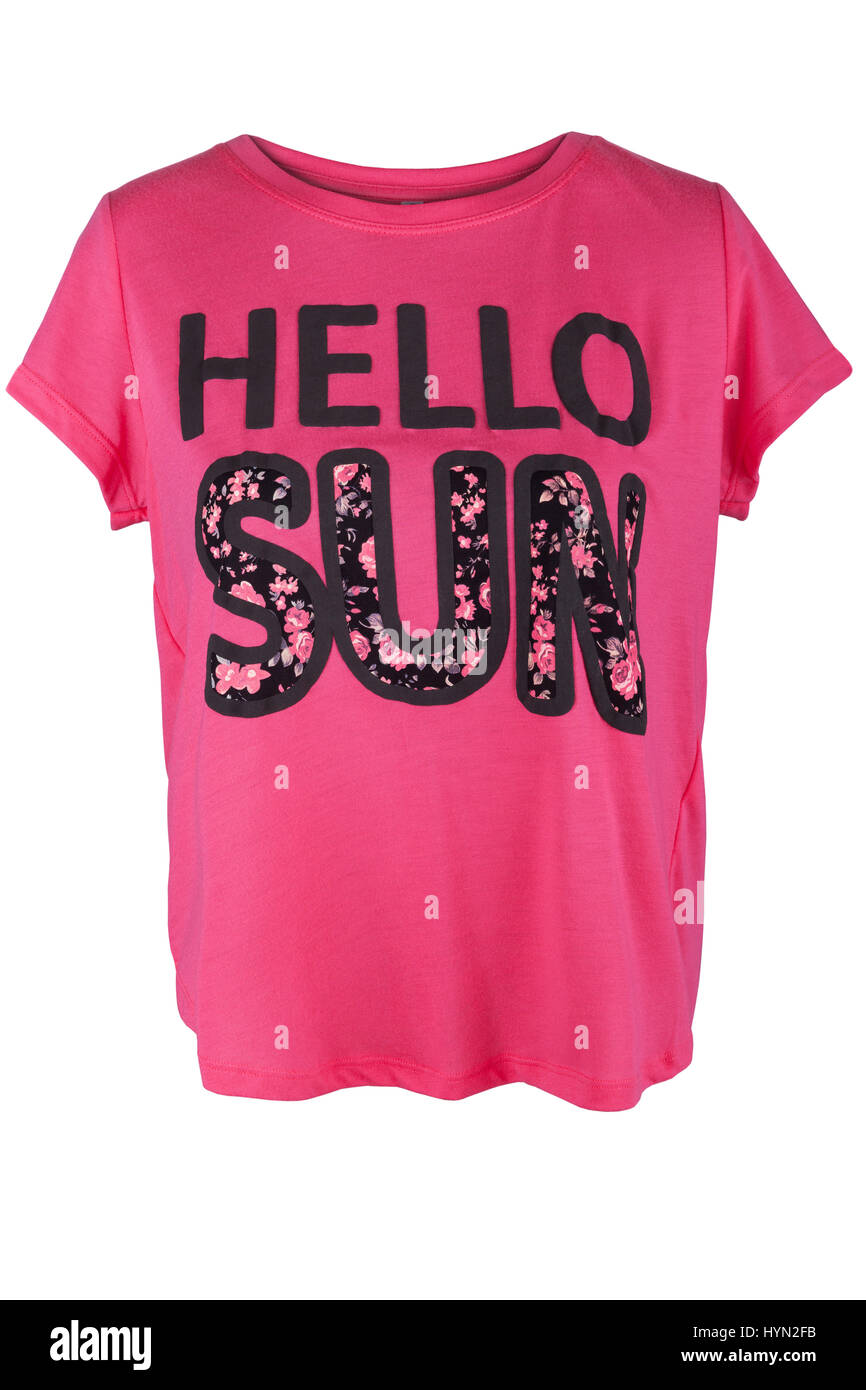 Pink female t-shirt with 'hello sun' sign, isolated on white Stock Photo