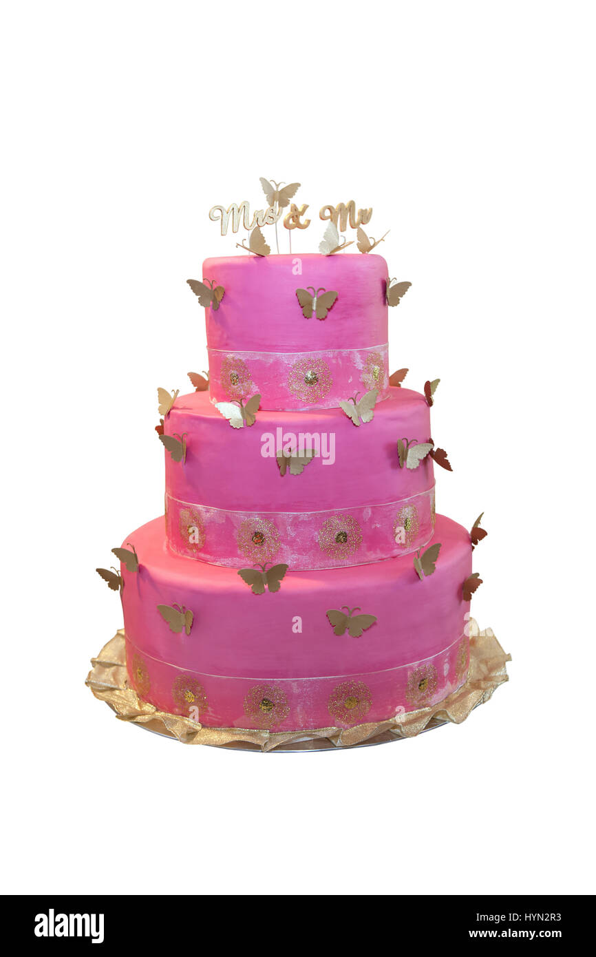 Pink wedding cake with butterflies isolated on white Stock Photo - Alamy