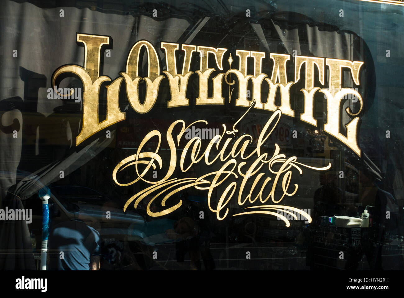 Love Hate Social Club, a tattoo parlor in Lower Manhattan Stock Photo