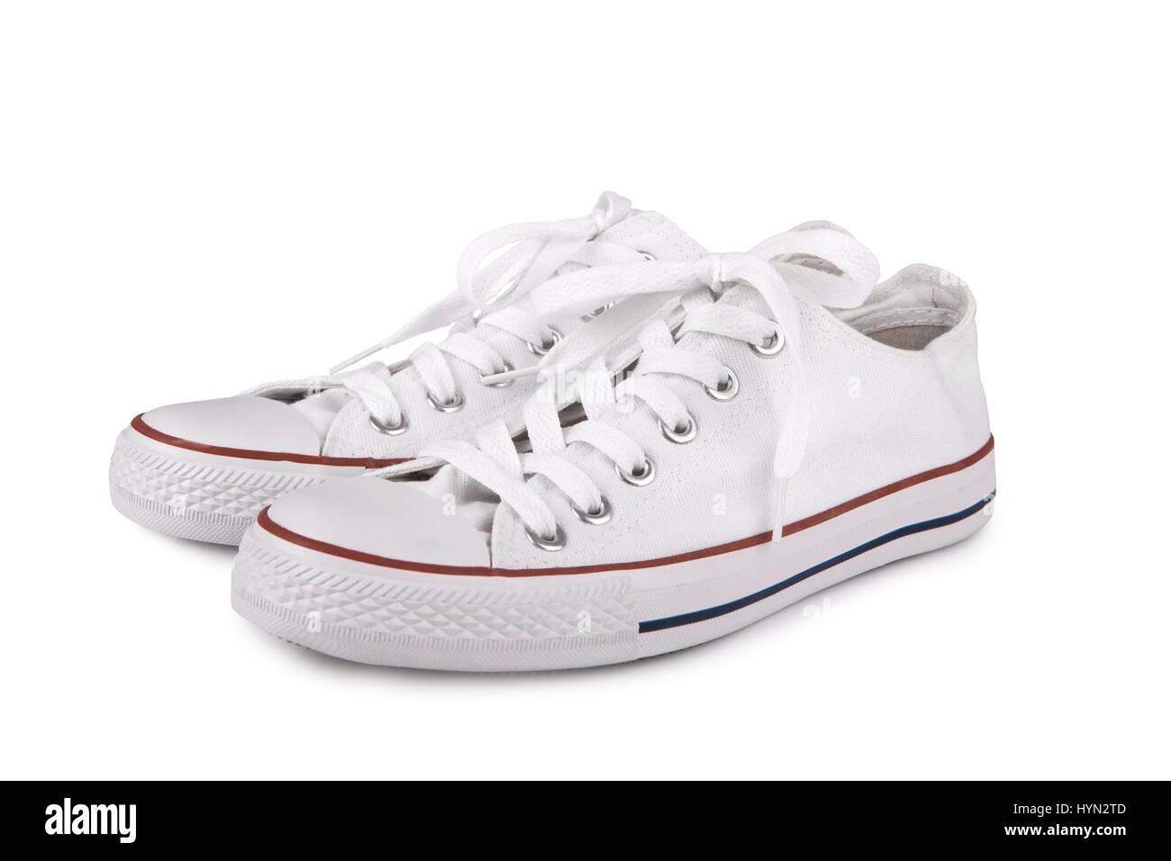 Pair of new white sneakers on white background Stock Photo