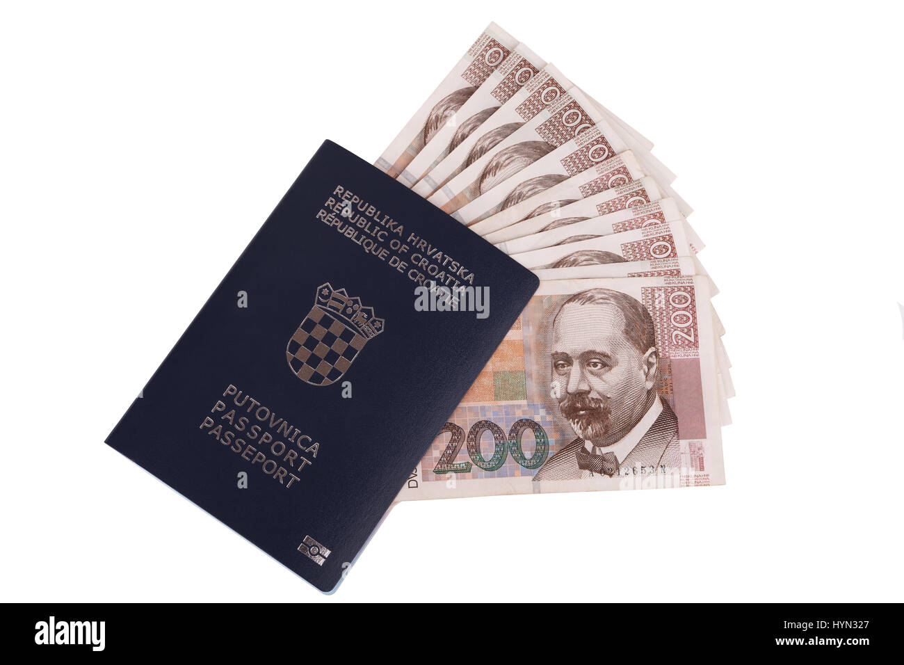 Croatian passport with Croatian money (kuna), isolated on white Stock Photo