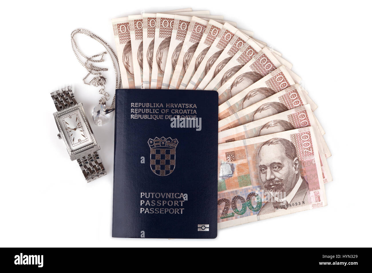 Croatian passport with valuables, isolated on white Stock Photo