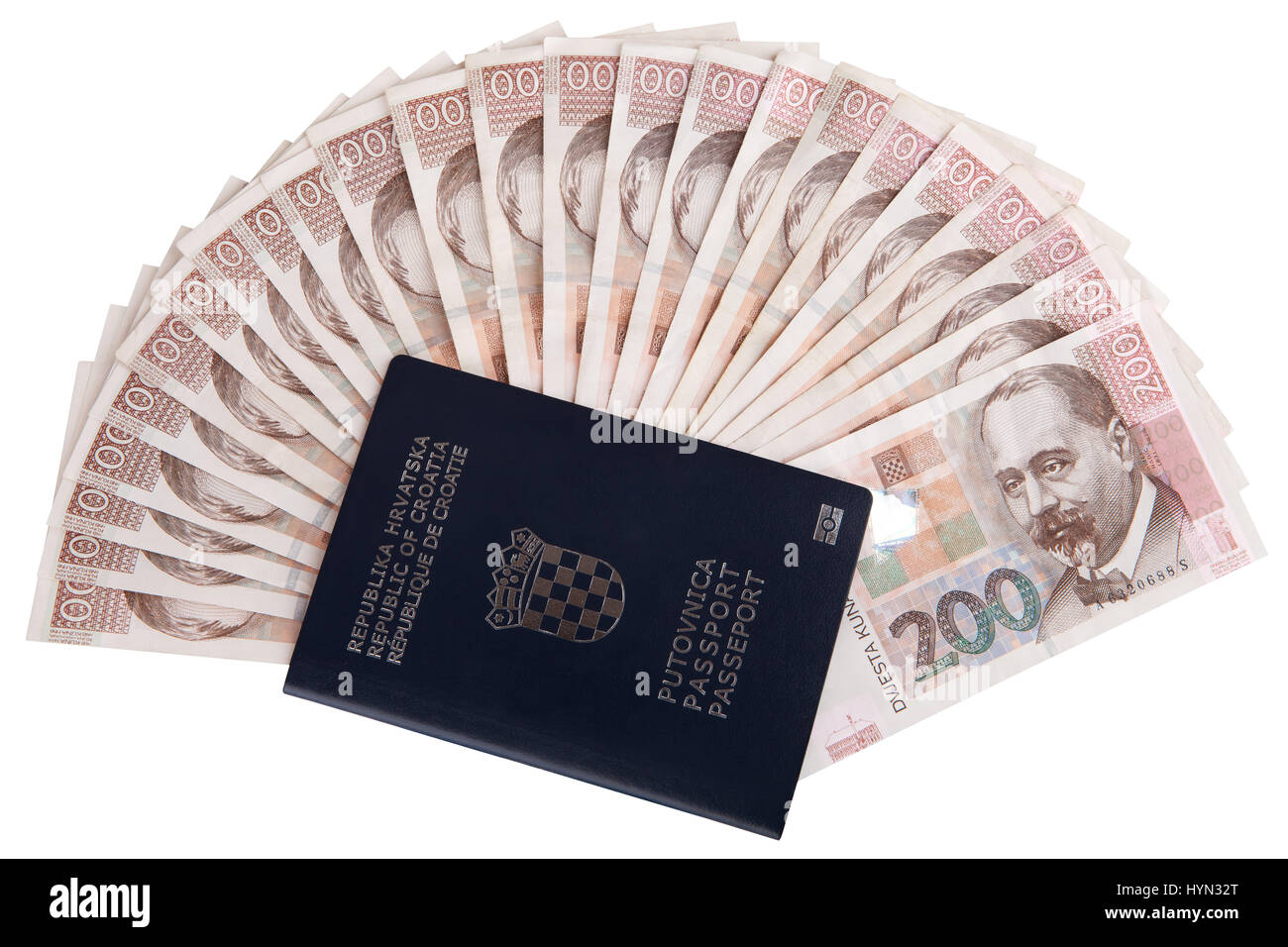 Croatian passport with Croatian money, isolated on white Stock Photo