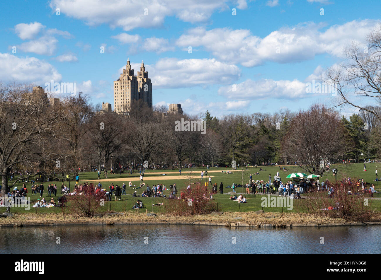 View of the Upper West Side of Manhattan and Great Lawn of Central Park from Belvedere Castle, New York City, USA  2017 Stock Photo
